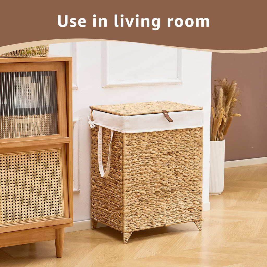Laundry Hamper with Lid and Removable Liner Bag, Handwoven Natural Hyacinth Clothes Hamper with Heightened Feet, Wicker Laundry Basket for Clothes and Towels，Middle