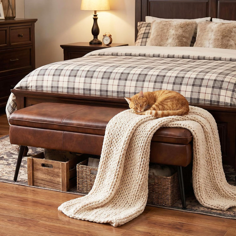 Ottoman with Storage Bench, Upholstered Large Entry Bench Cognac | 43.3"...