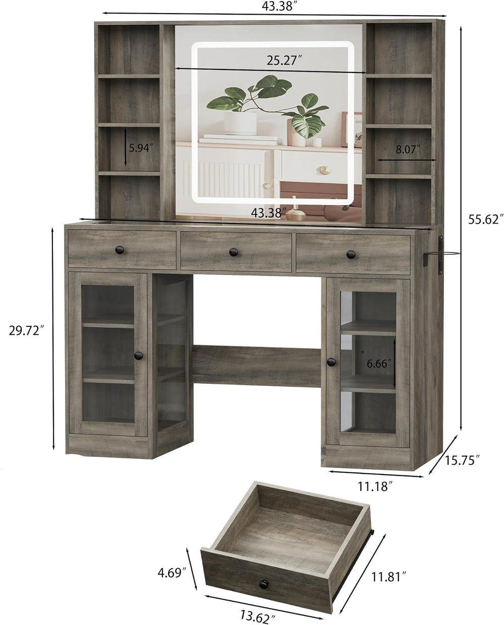 Grey Vanity Desk with Mirror and Lights, Glass Top Vanity with Lighted Mirror...