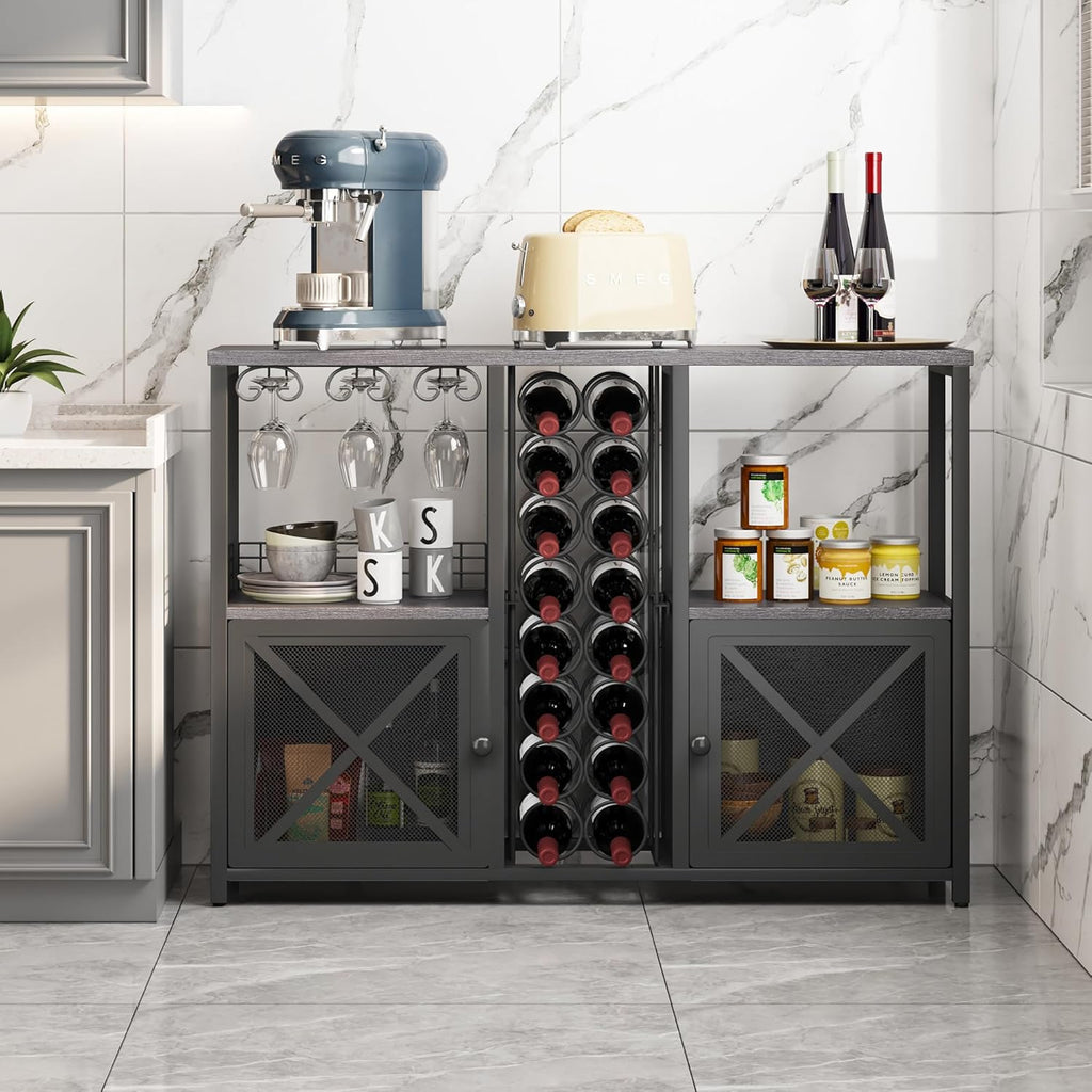 Homeiju Mini Bars for Home, Wooden Coffee Bar Cabinet, Modern Liquor Cabinet for Liquor and Glasses, Farmhouse Buffet Wine Bar Cabinet with Storage Sideboard for Home Kitchen Dining Room (Deep Grey)