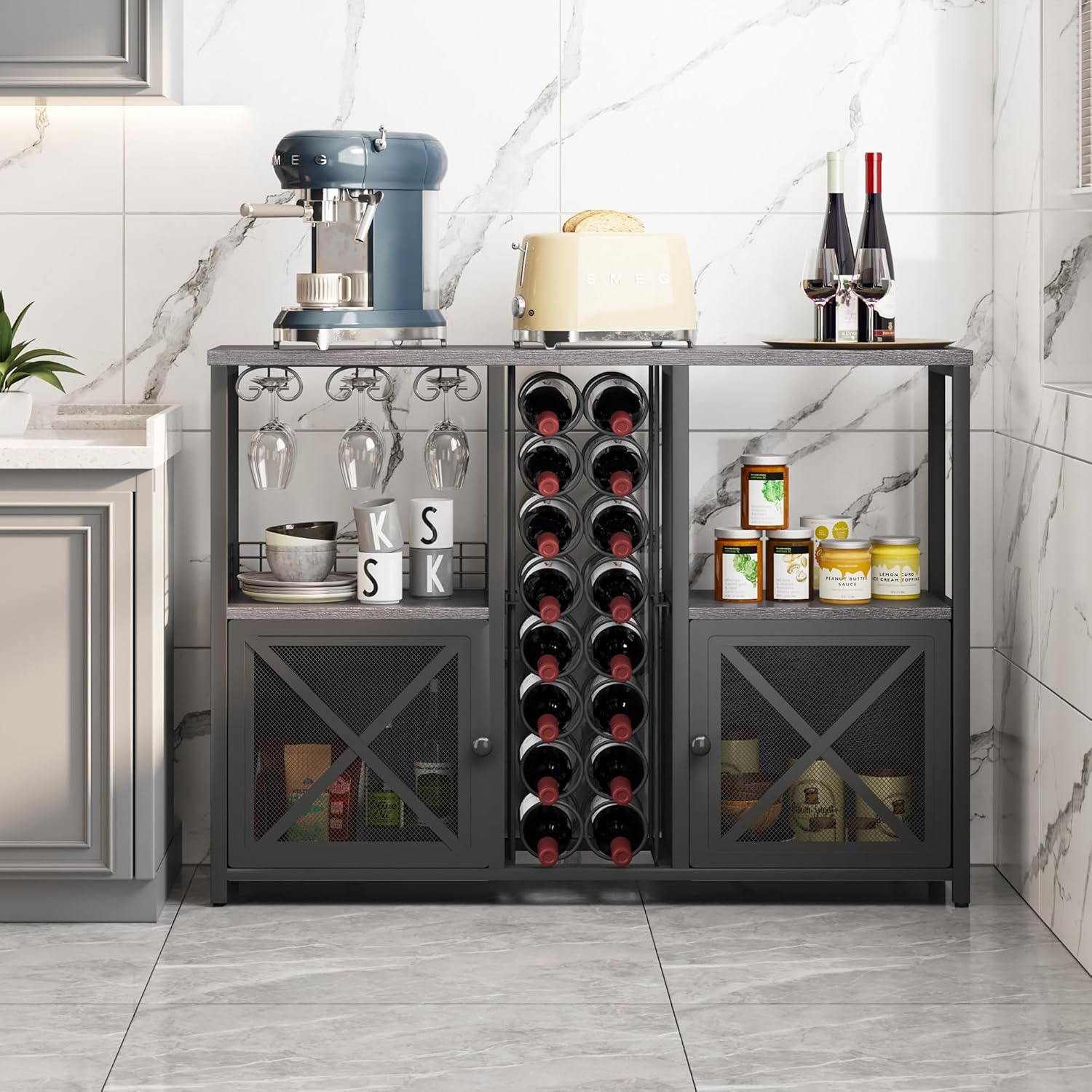 Homeiju Mini Bars for Home, Wooden Coffee Bar Cabinet, Modern Liquor Cabinet for Liquor and Glasses, Farmhouse Buffet Wine Bar Cabinet with Storage Sideboard for Home Kitchen Dining Room (Deep Grey)