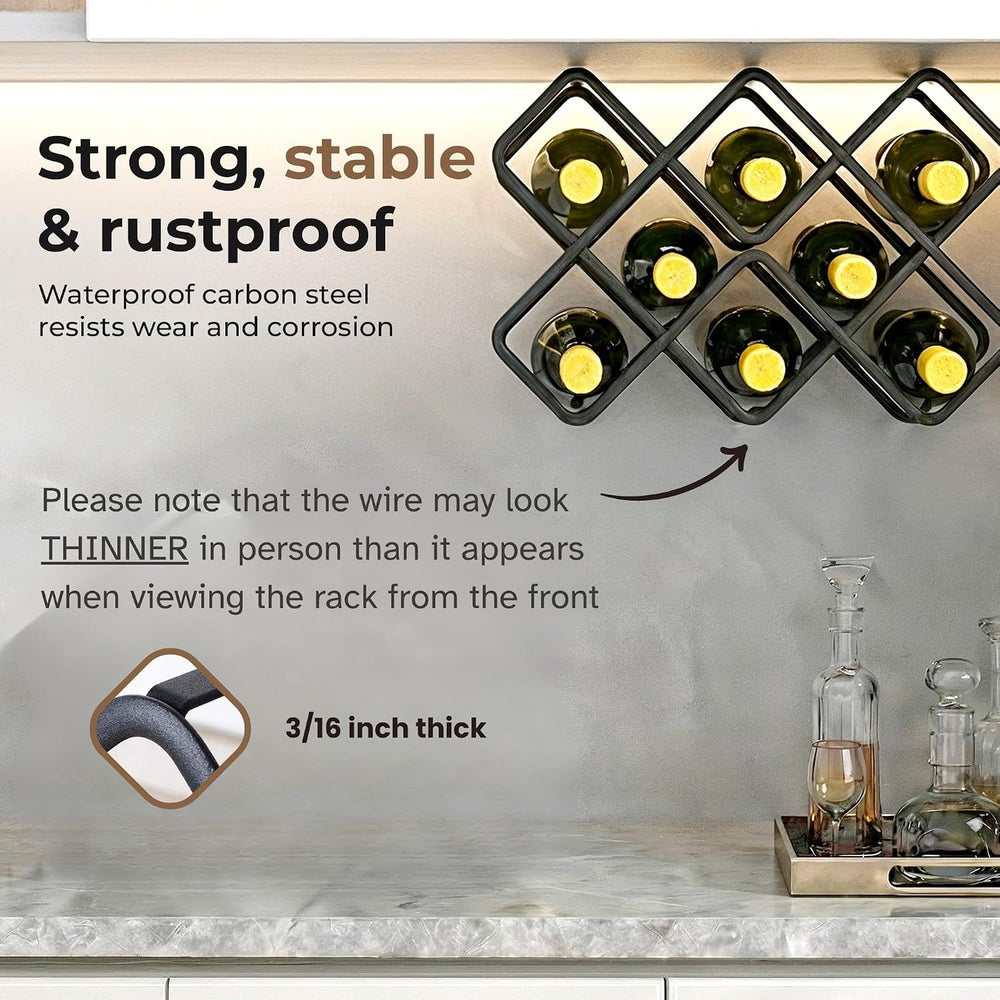 Metal Wine Rack – Matte Black Carbon Steel, 10-Bottle Countertop & Hangab...