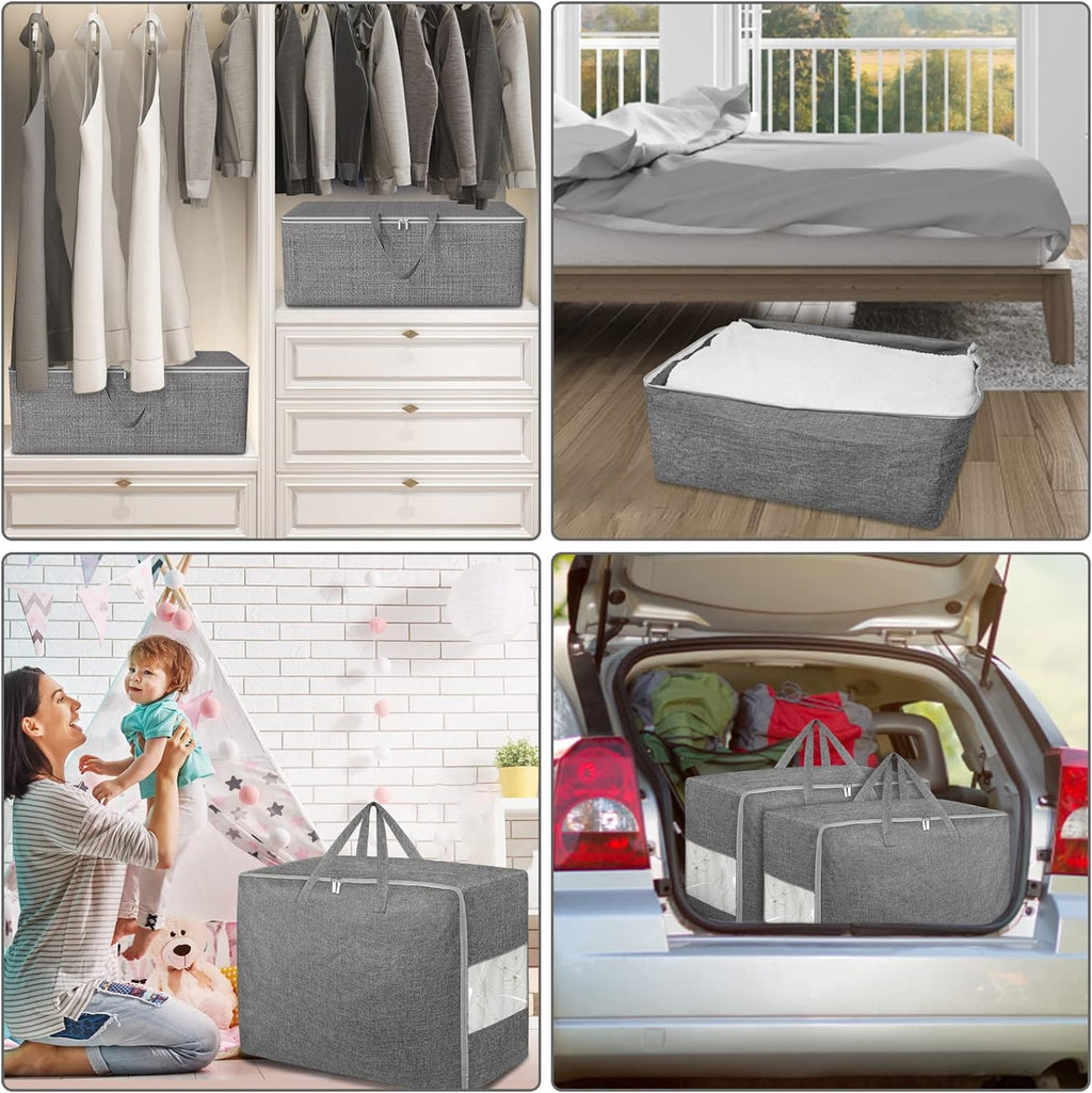 2Pack 84L Large Storage Bags, Folding Moving Comforter Blanket Storage Bags Closet Organizers and Storage Containers with Strong Handles&Zippers Clear Window for Clothes Bedding Pillow, Grey