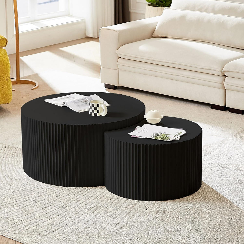JUSTONE Nesting Coffee Table Set of 2, Modern Matte Black Round Drum Side Tab...