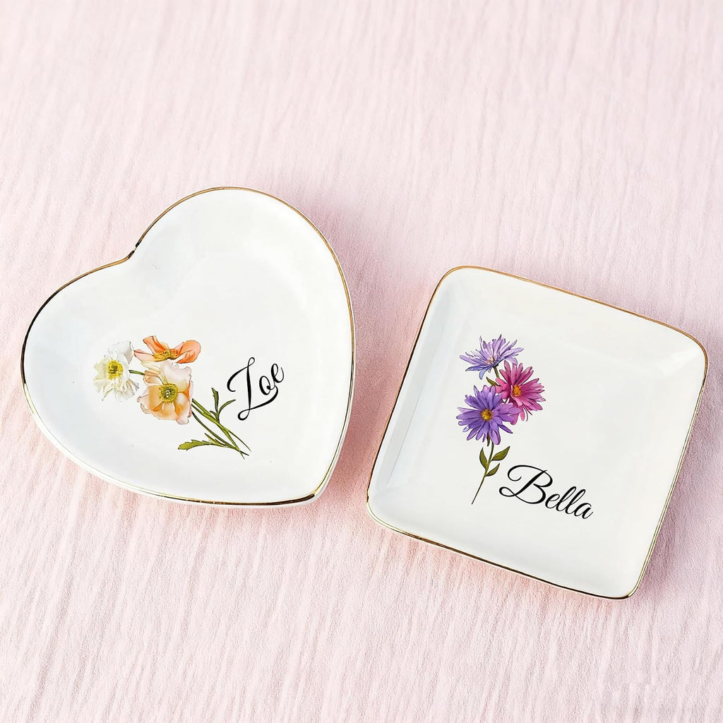Personalized Birth Flower Jewelry Dish, Custom Floral Name Ring Dish, Trinket Tray for Women Bridesmaid Friends Gift for Birthday, Mother’s Day, Wedding