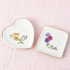 Personalized Birth Flower Jewelry Dish, Custom Floral Name Ring Dish, Trinket Tray for Women Bridesmaid Friends Gift for Birthday, Mother’s Day, Wedding