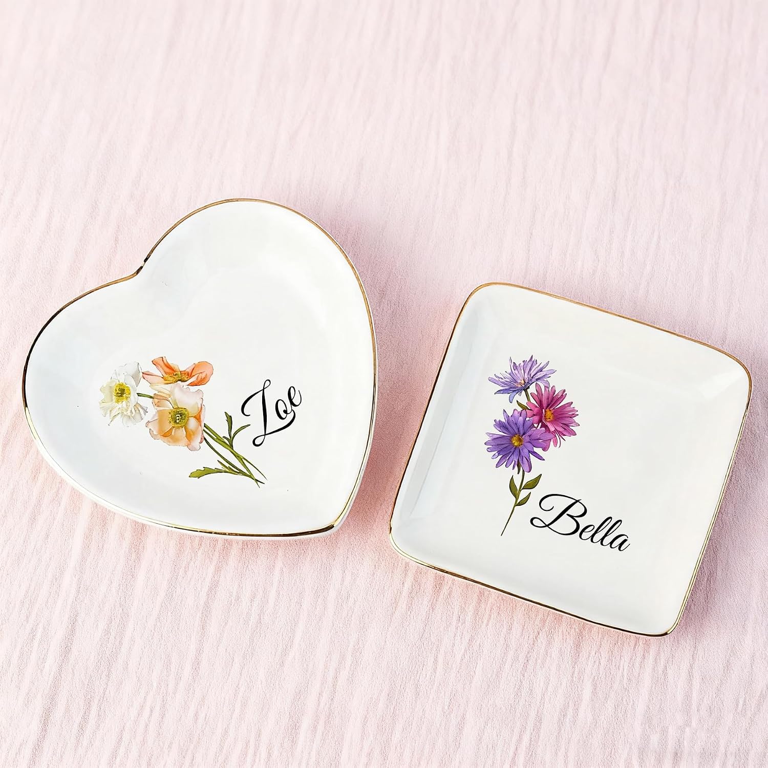 Personalized Birth Flower Jewelry Dish, Custom Floral Name Ring Dish, Trinket Tray for Women Bridesmaid Friends Gift for Birthday, Mother’s Day, Wedding