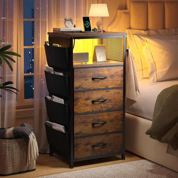 EnHomee LED Nightstand with Charging Station, Bedside Table with Fabric Drawers and Storage Shelf, Sturdy Steel Frame, Wood Top, Cloth Bags, Hooks, Brown
