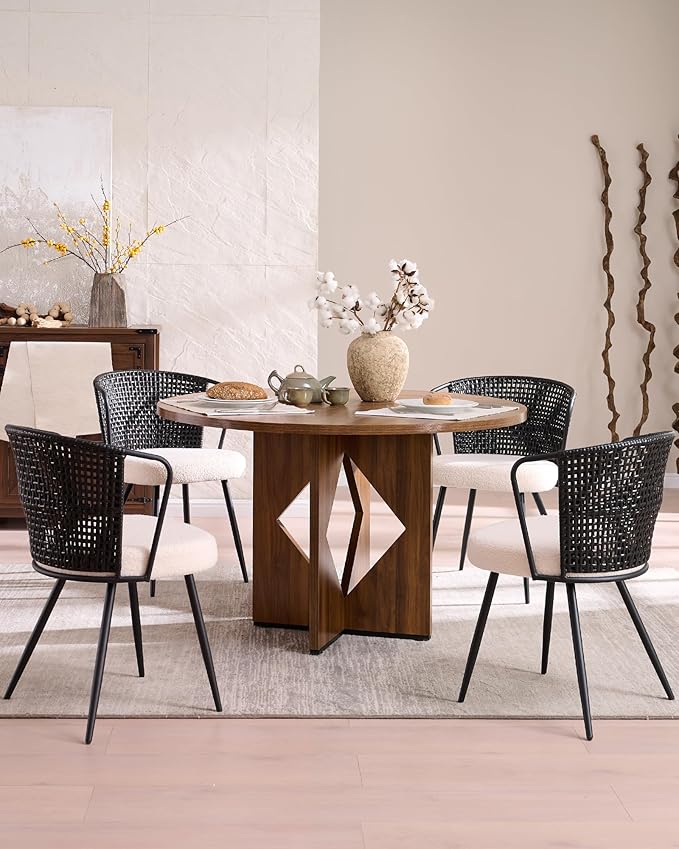BedsPick Rattan Dining Chair Set of 4 - Farmhouse Upholstered Cane Back Kitchen Chair with Boucle Cushion, Wingback Dining Room Seat with Metal Legs for Home, Kitchen (Black)