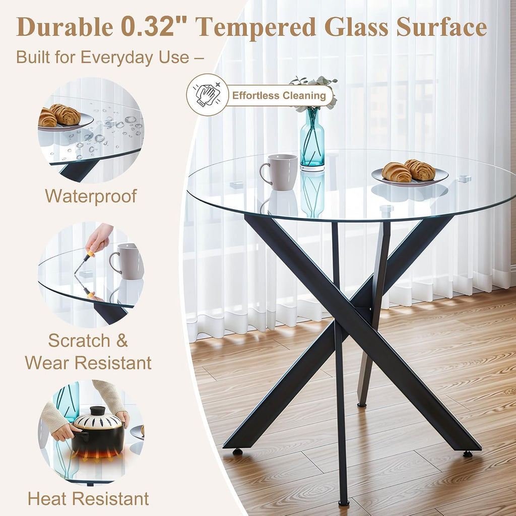 36” Round Glass Dining Table Set for 4, Space-Saving Clear Glass Kitchen Table with Black Metal X Legs and 4 PU Leather Dining Chairs with Silver Legs, Small Dining Set for Apartment & Bistro