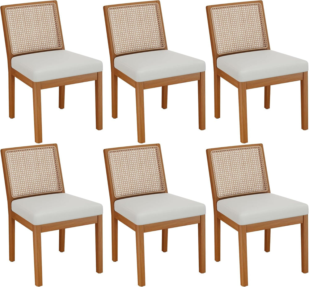 Andeworld Farmhouse Natural Rattan Dining Chairs Set of 6, Upholstered Mid Ce...