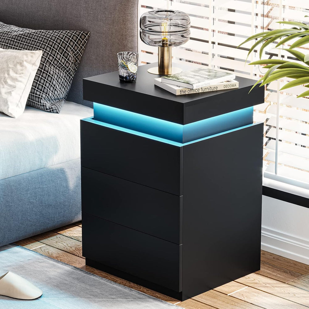 ADORNEVE Black Nightstand with Charging Station and LED Lights | Modern Night...