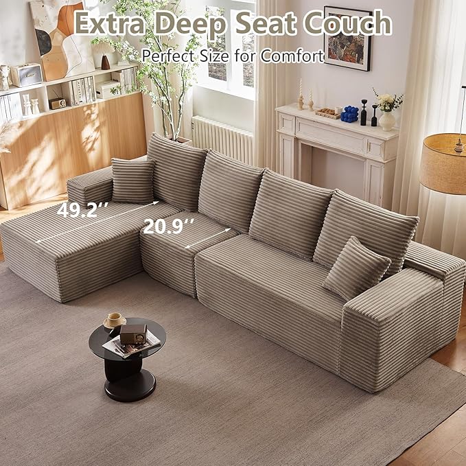 135" Cloud Sectional Couch with L-Shape Chaise, Modern Modular Comfy Sofa with Deep Seat, Upholstered Corduroy Couches Sleeper Chaise Longue for Living Room Bedroom, No Assembly Required, Camel