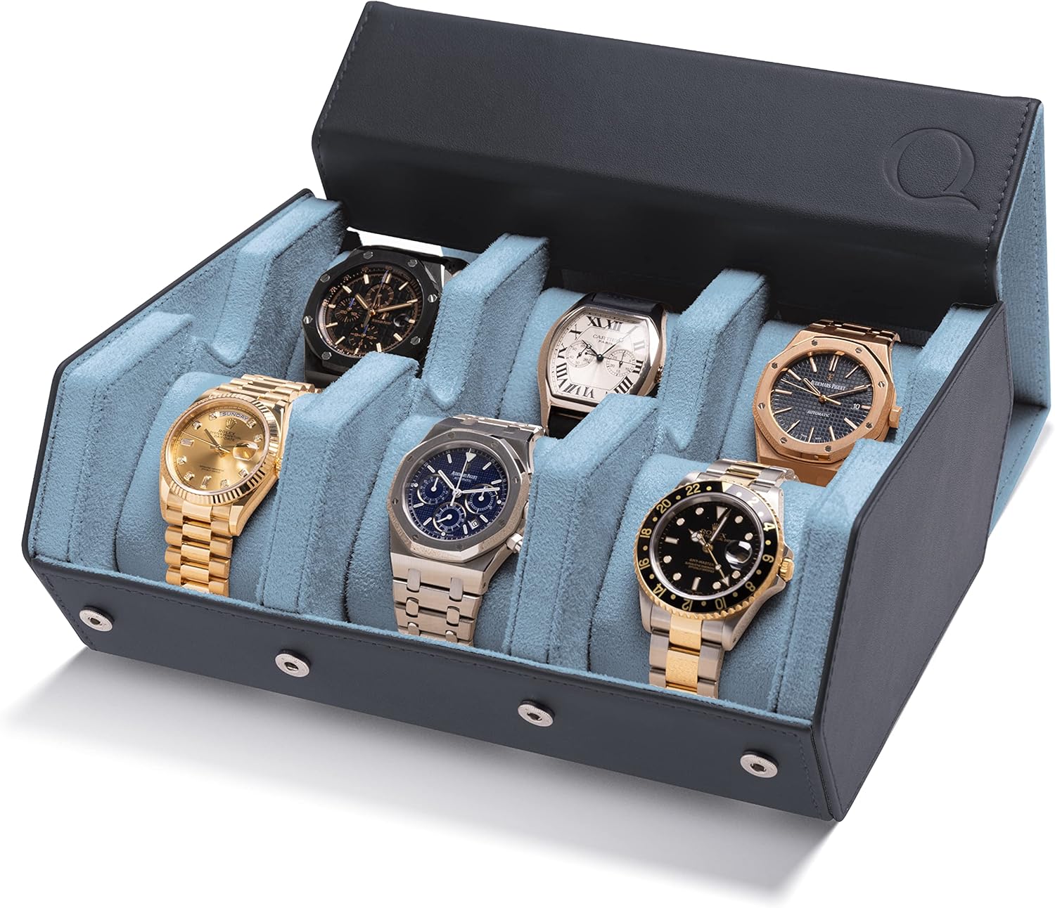 QWATCHBANDS Napa Leather Watch Case for Men - Watch Roll Storage Organizer & Watch Display - Six Slot Luxury Watch Box for Home or Travel - Mens 6 Watch Holder Case (Gray Blue)