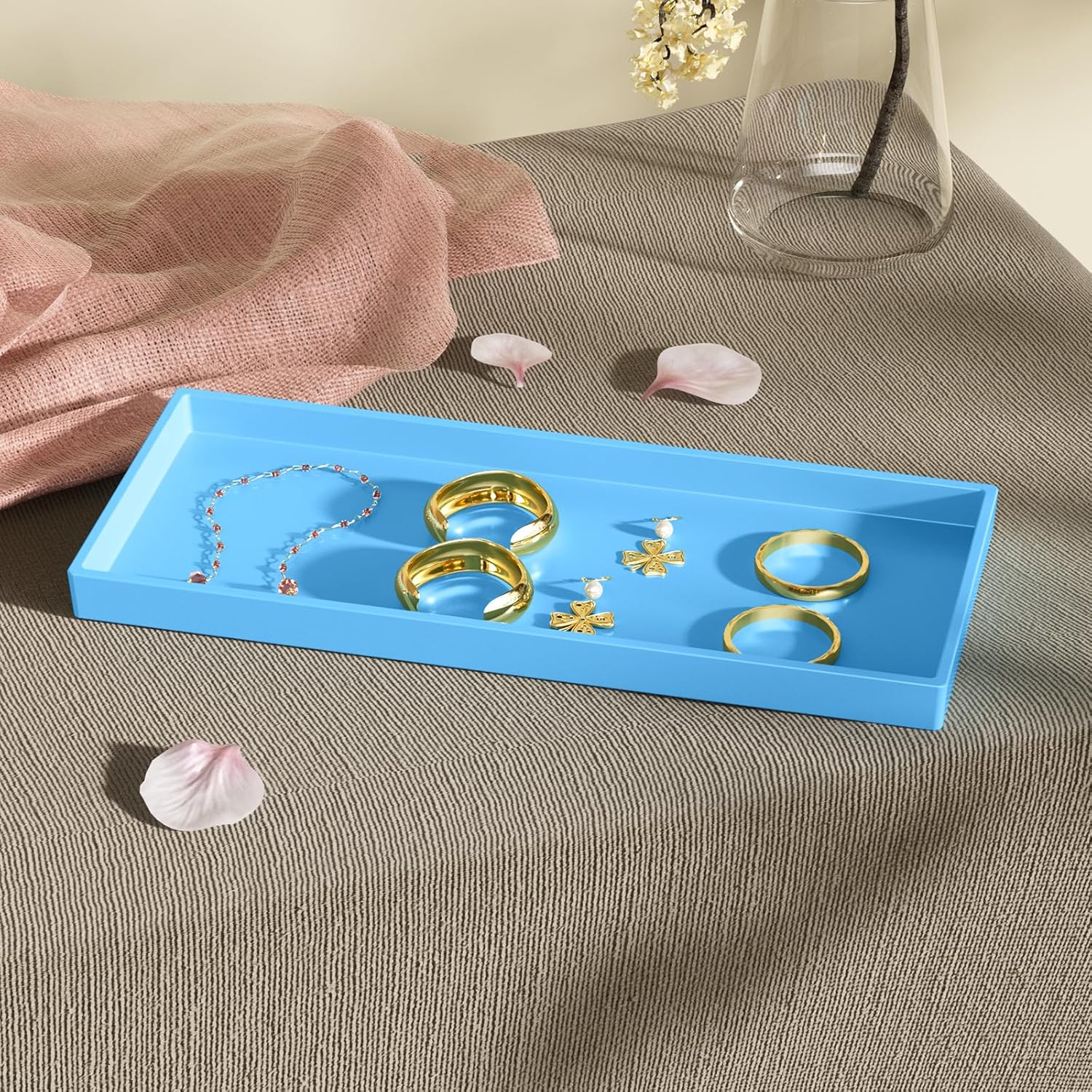 Vanity and Bathroom Tray, 11.8" ABS Countertop Organizer,Waterproof Vanity Tray for Toilet Tank,Perfume,Soap,Keys,Bathroom Accessories,Kitchen and Bath Trays,Non Slip Small Trays,Blue