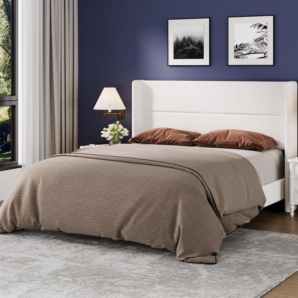 IDEALHOUSE Queen Size Bed Frame, Velvet Bed with Wingback Headboard, White