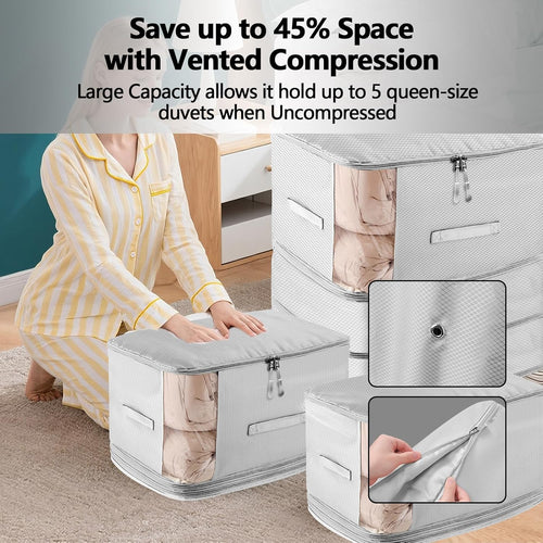 4 Pack Space Saving Comforter Storage Bag with Handle, 3-Layer Compression Blanket Storage Bags Adjustable In 3 Sizes (142L, 107L, 71L), Washable Bedding Organizer For Pillow Duvet Clothing Plush Toy
