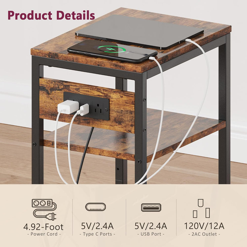 Side Table with Charging Station, Nightstand with USB Ports and Outlets, Tall...