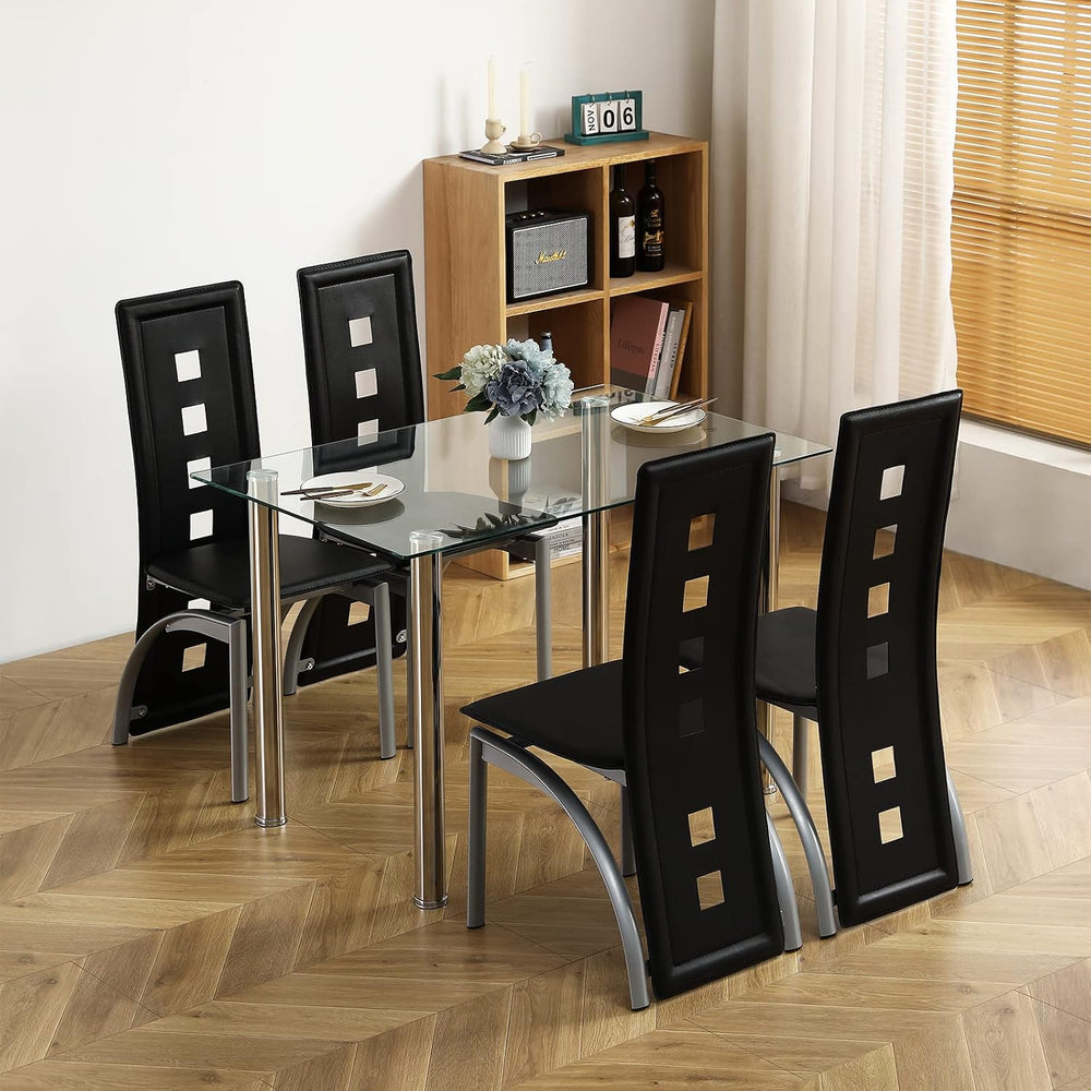 Karl home Glass Dining Table Set for 4, PVC Chairs,Silver Leg,Easy Assembly |...