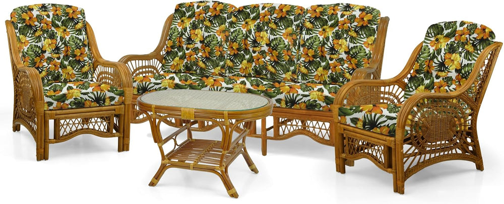 Malibu Lounge Set of 4: 2 Natural Rattan Wicker Chairs, Three-Seater Sofa wit...