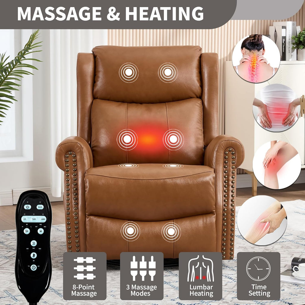 Genuine Leather Recliner Chair for Adults, Manual Swivel Rocker Glider Rocking Chair with Vibration Massage Lumbar Heat for Nursery, Rivet Design Single Sofa Chair for Living Room - Caramel Brown