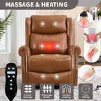 Genuine Leather Recliner Chair for Adults, Manual Swivel Rocker Glider Rocking Chair with Vibration Massage Lumbar Heat for Nursery, Rivet Design Single Sofa Chair for Living Room - Caramel Brown