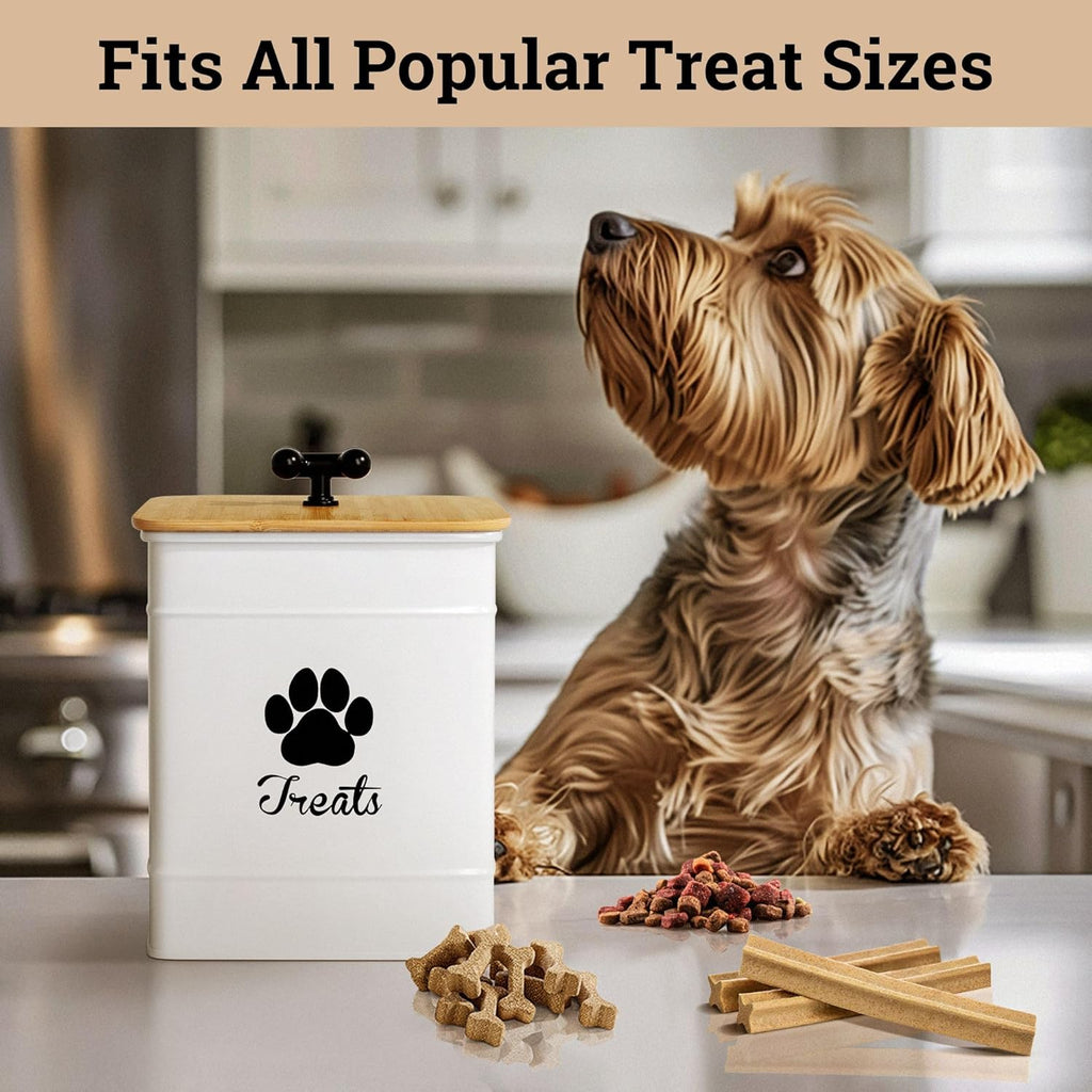Dog Treat Container Airtight - 6 Inch Wide x 8 Inch Tall Iron Dog Treat Jar for Kitchen Counter with Airtight Bamboo Lid - 12 Cup Capacity Pet Treat Container - Doggie Cookie Jar - Big Treats Canister
