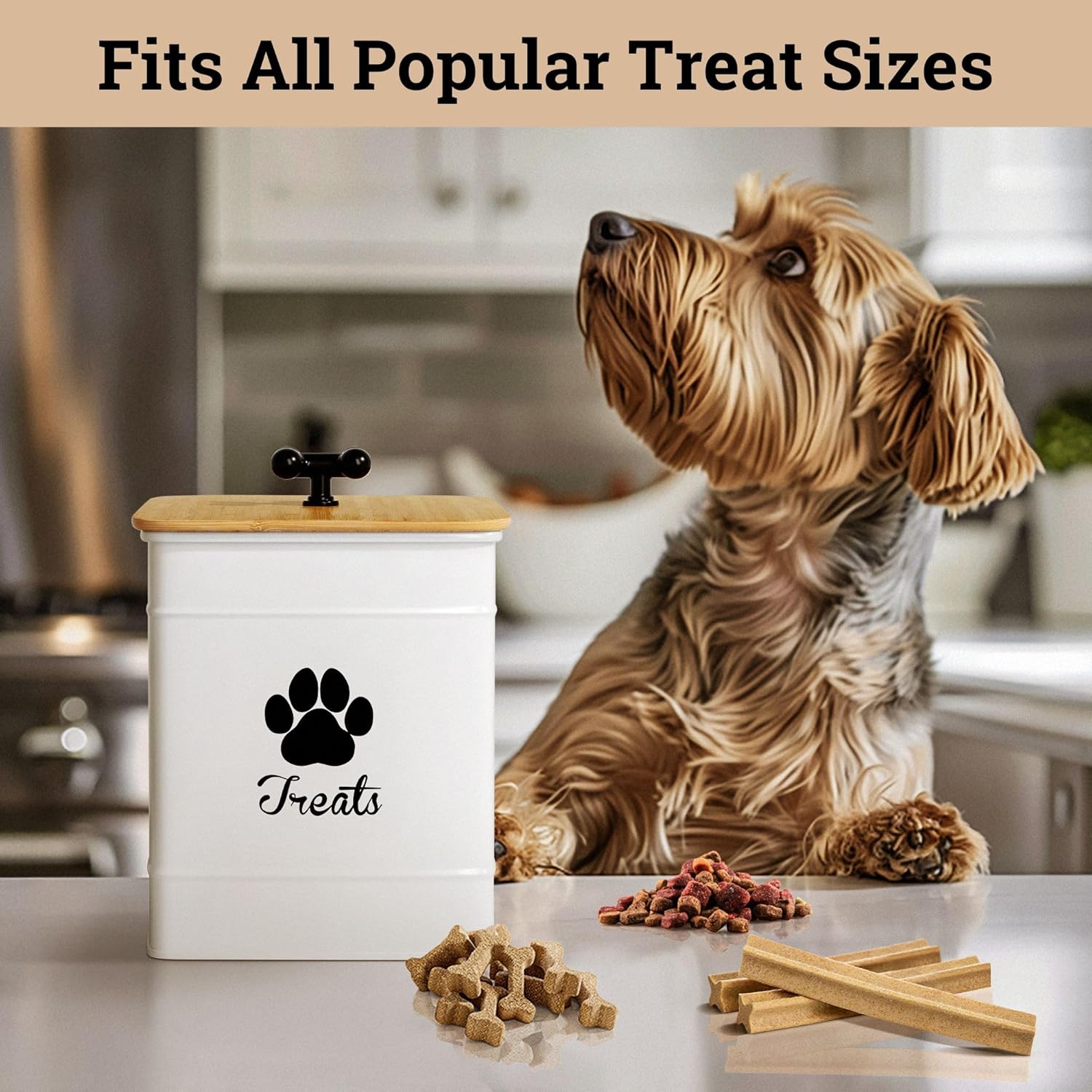 Dog Treat Container Airtight - 6 Inch Wide x 8 Inch Tall Iron Dog Treat Jar for Kitchen Counter with Airtight Bamboo Lid - 12 Cup Capacity Pet Treat Container - Doggie Cookie Jar - Big Treats Canister