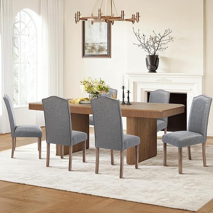 Upholstered Dining Chair Modern Stylish Parsons Kitchen Diner High Back with Silver Nailhead Trim & Wood Legs, Set of 2, Fabric Classic Grey