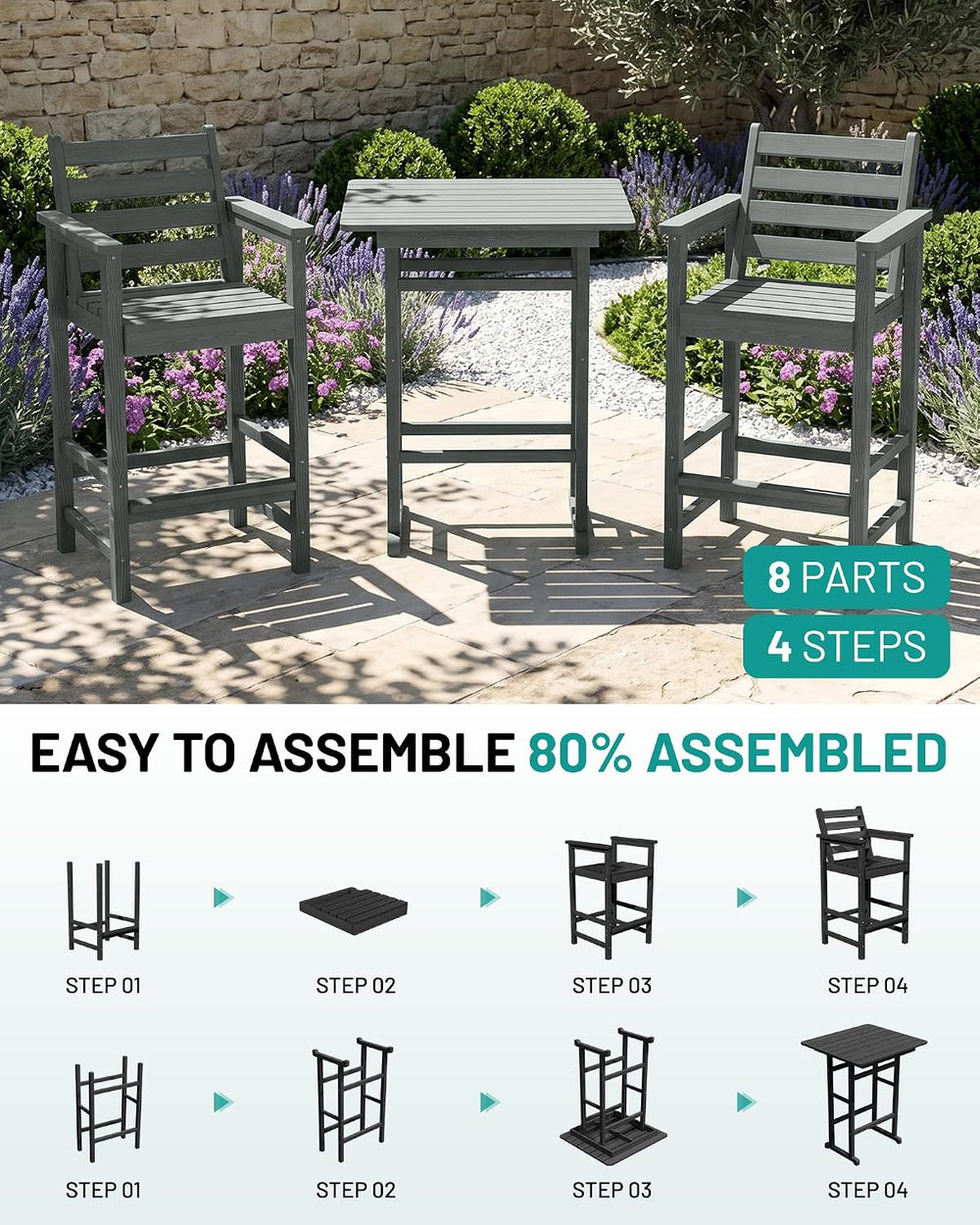 PLUUV Tall Bar Height Adirondack Chairs Set of 2 with Table, Grey
