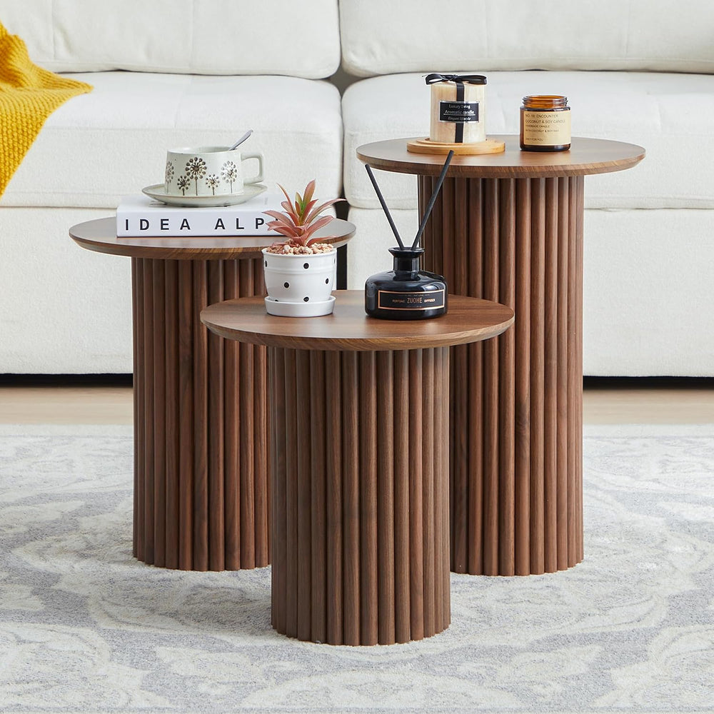 Bifins Walnut Round Nesting Coffee Table Set of 3 | Coffee and End Table Set,...