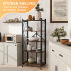 5-Tier Foldable Storage Shelves with Wheels, Folding Metal Shelf Unit, Folding Bookshelf no Assembly, Collapsible Shelves for Craft Shows for Kitchen, Bedroom, Living Room, Rustic Brown