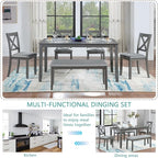 KEIKI 6-Piece Standard Height Dining Table Set with Rectangular Table, 4 Upholstered X-Shaped Backrset Chair, Bench, for 6 Person, Modern Style Table Set, Easy Assembly, for Kitchen, Dining Room, Gray