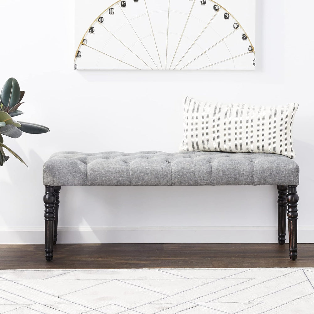 Roundhill Furniture Leviton Fabric Tufted Turned Leg Dining Bench, gray
