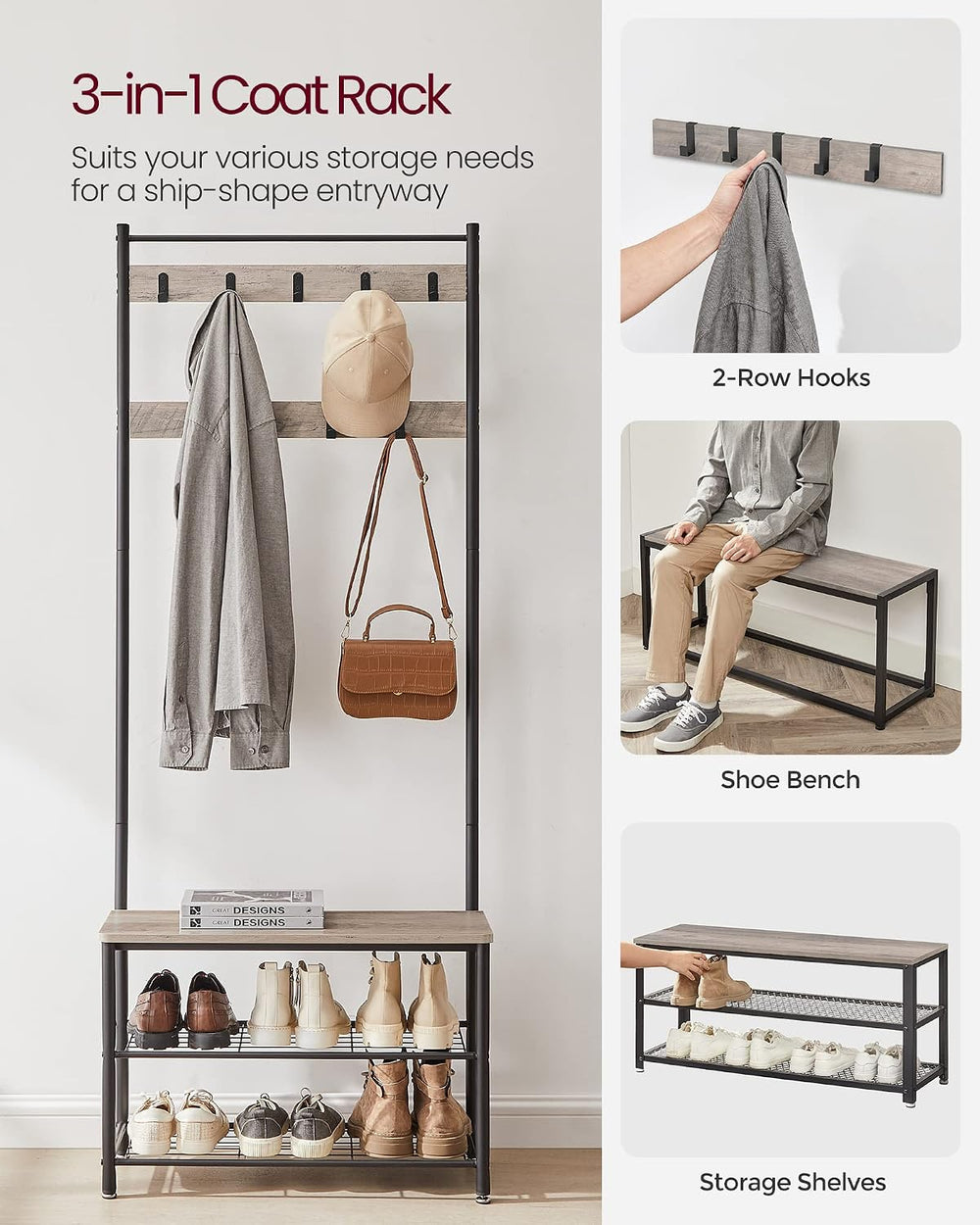 VASAGLE Coat Rack, Hall Tree with Shoe Storage Bench, 3-in-1, Steel Frame
