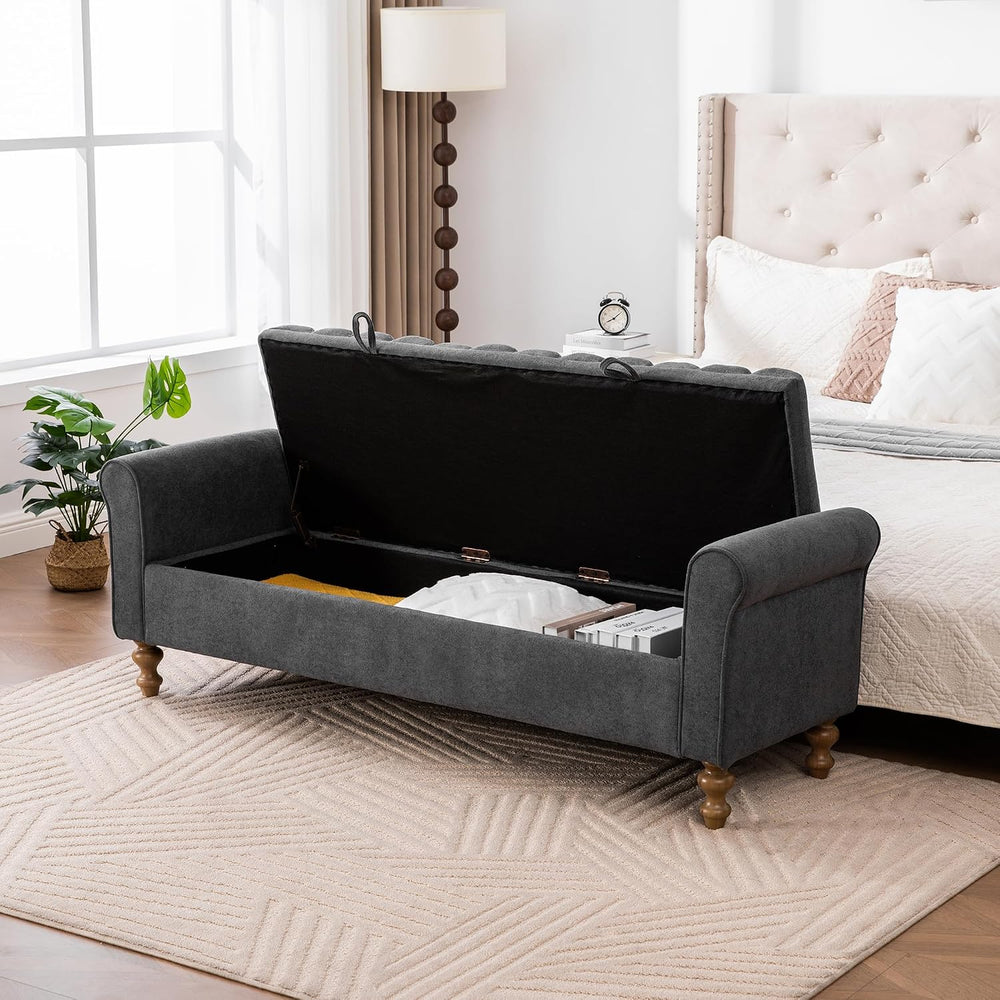 65" Bench with Storage, End of Bed Bench with Rolled Arms, Upholstered B...