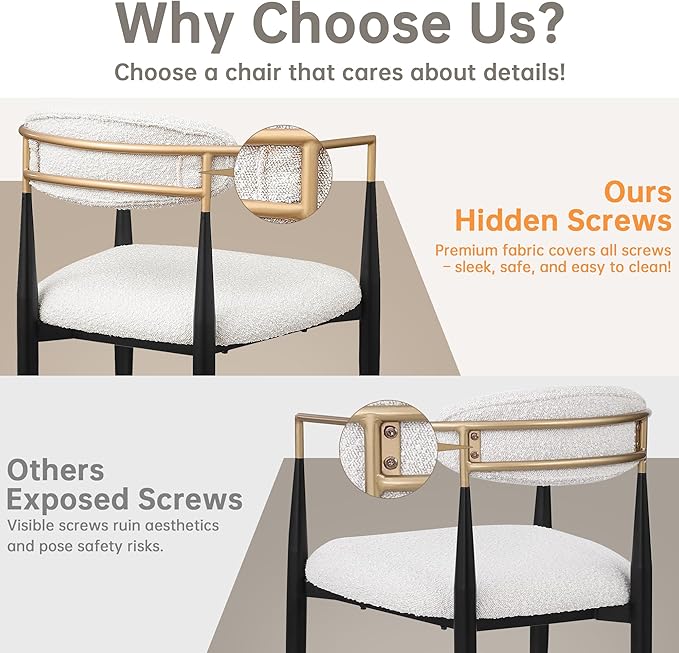 Morden Fort Modern Dining Chairs Set of 4, Upholstered Boucle Dining Chairs with Gold Armrest and Black Metal Legs, Accent Armchairs for Kitchen, Living Room and Reception