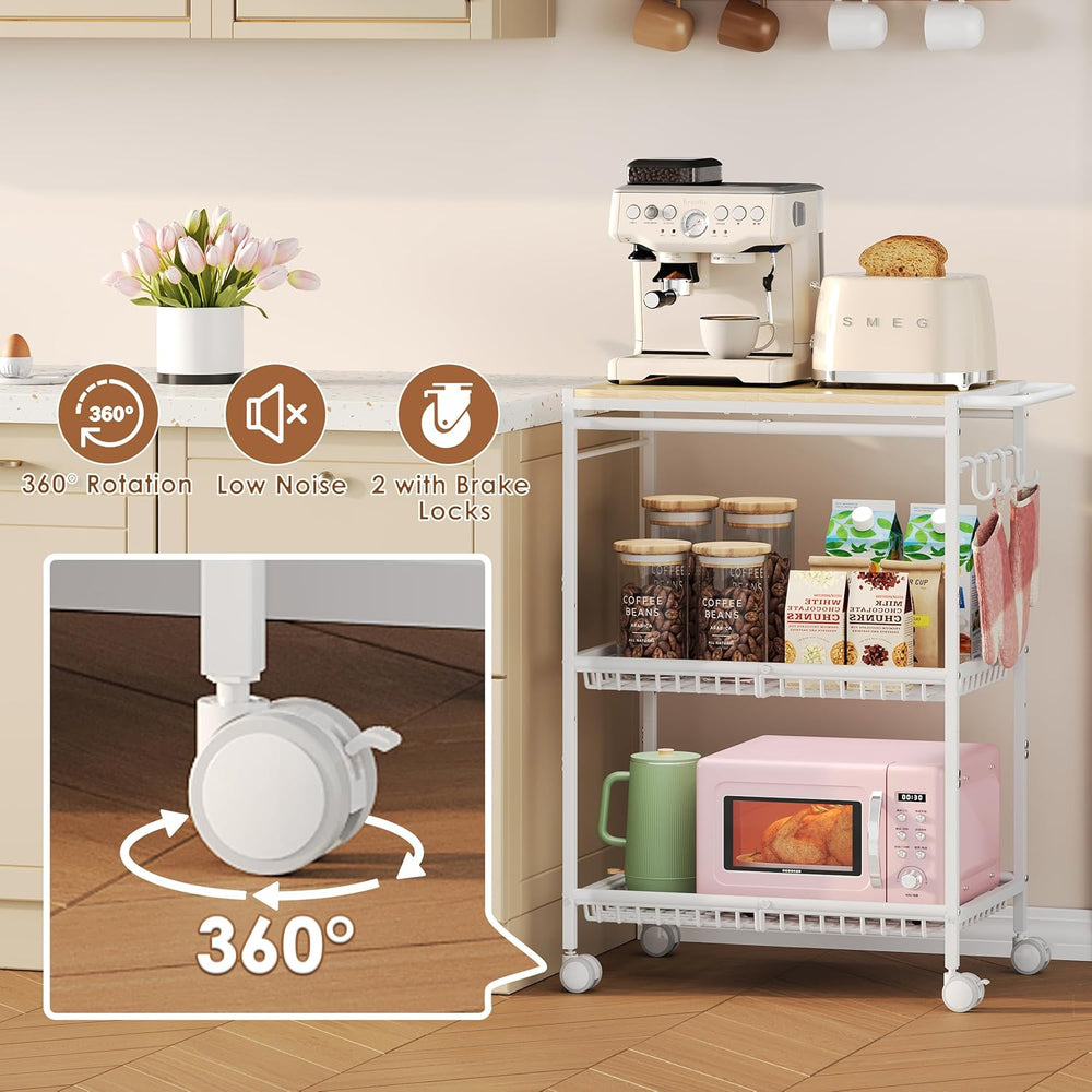 Microwave Kitchen Cart with 2 Lockable Wheels, White Kitchen Storage Cart wit...