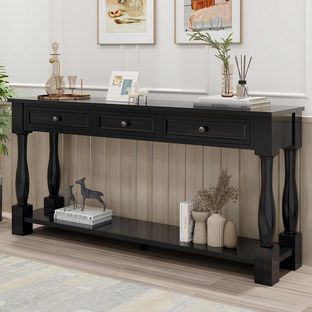 Knocbel Long Console Table with 3 Drawers & Bottom Open Shelf, Solid Wood...