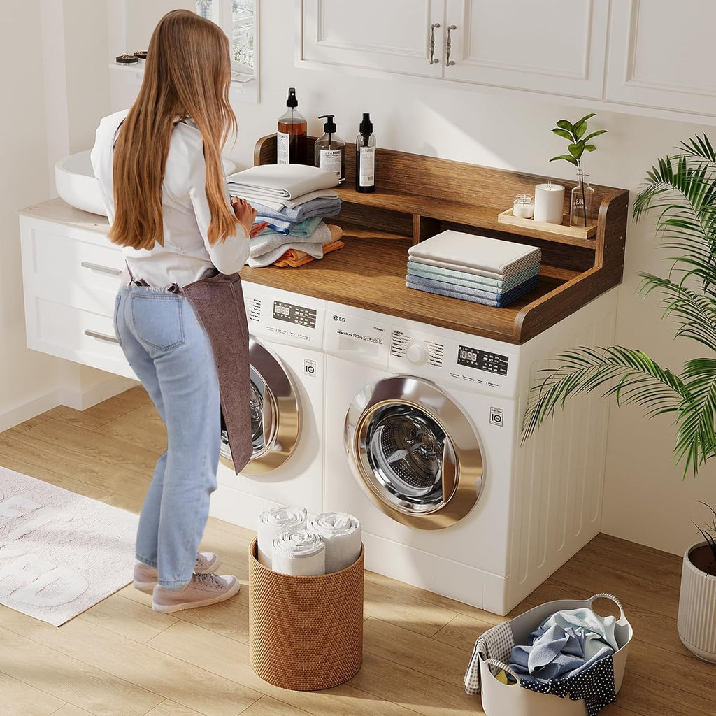 2-Tier Washer Dryer Countertop with 2.75"H Edge Rails, 54" W x 27.55" D Laundry Countertop for Folding Clothes, Washer and Dryer Topper with Non-Slip Pad (Brown)