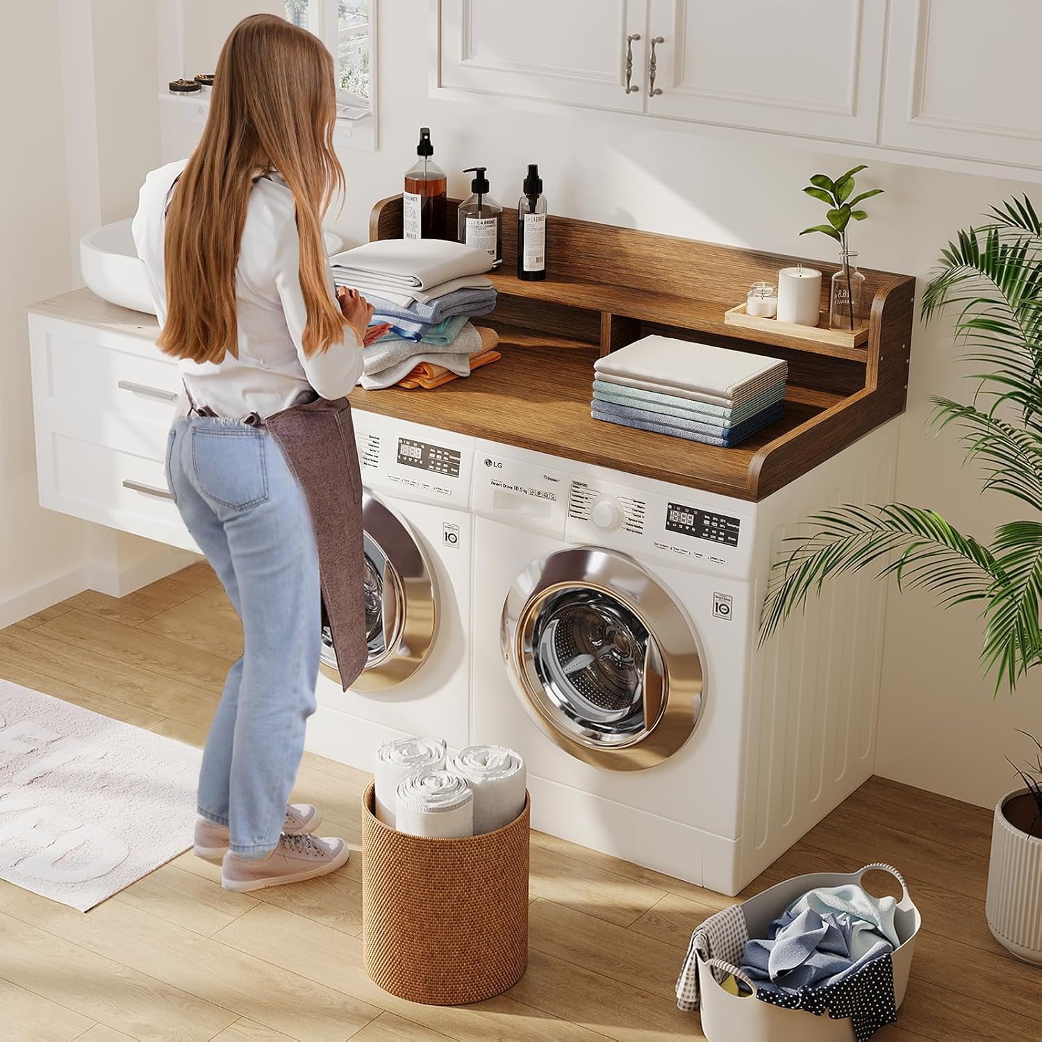 2-Tier Washer Dryer Countertop with 2.75"H Edge Rails, 54" W x 27.55" D Laundry Countertop for Folding Clothes, Washer and Dryer Topper with Non-Slip Pad (Brown)