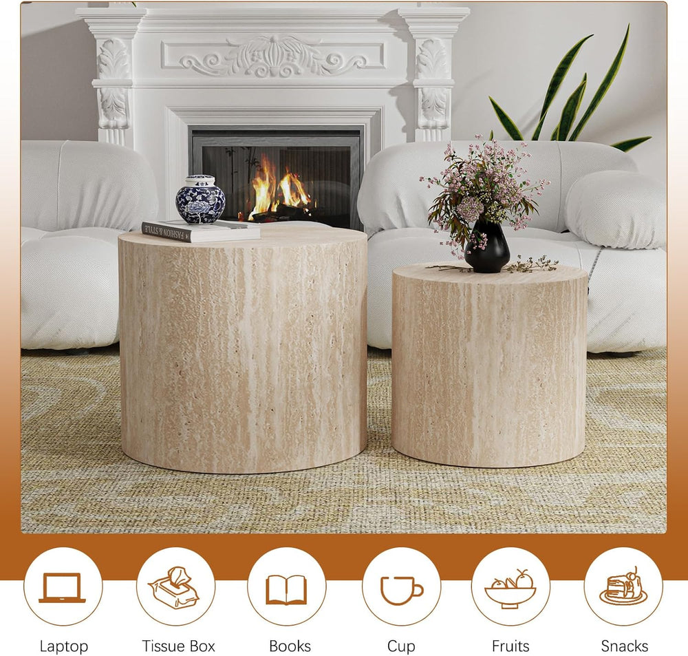 Nesting Coffee Table Set of 2 (Travertine) | Modern Round Center Ttable, Non-...