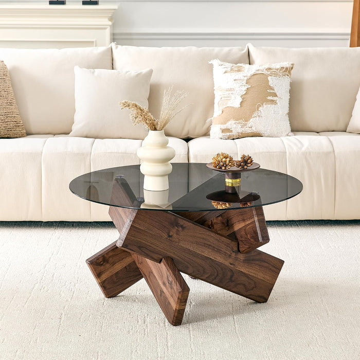 Round Gray Glass Coffee Table, 33.4-Inch Tempered Glass Top