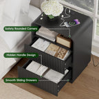 Black Nightstands Set of 2 with Charging Station, Mid Century Modern End Tables & Bedside Tables, Fluted Wood Small Night Stands with 2 Hidden Drawers and Storage Shelf for Bedroom