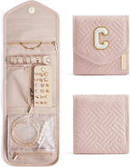 BAGSMART Travel Jewelry Organizer Case C Initial Foldable Jewelry Roll for Journey Rings, Necklaces, Earrings, Bracelets,Mini,Letter C,Soft Pink
