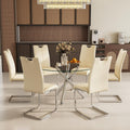 Modern Luxury Round Glass Dining Set for 6, 7 Pieces Clear Circle Glass Kitchen Table with Beige Faux Leather Chairs Set, 47'' Minimalist Circular Dinner Room Set, for Large Place (Silver)