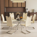 Modern Luxury Round Glass Dining Set for 6, 7 Pieces Clear Circle Glass Kitchen Table with Beige Faux Leather Chairs Set, 47'' Minimalist Circular Dinner Room Set, for Large Place (Silver)