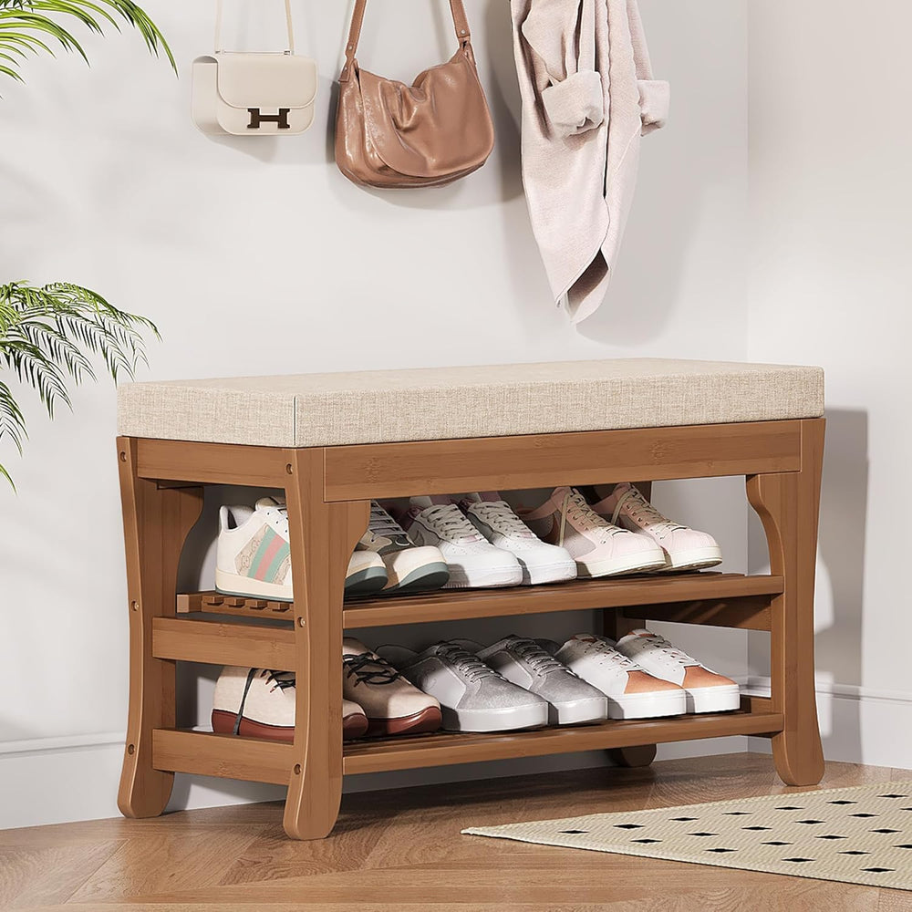 PETKABOO 27.6" Shoe Storage Bench with Cushion, Bamboo Shoe Rack Bench, ...