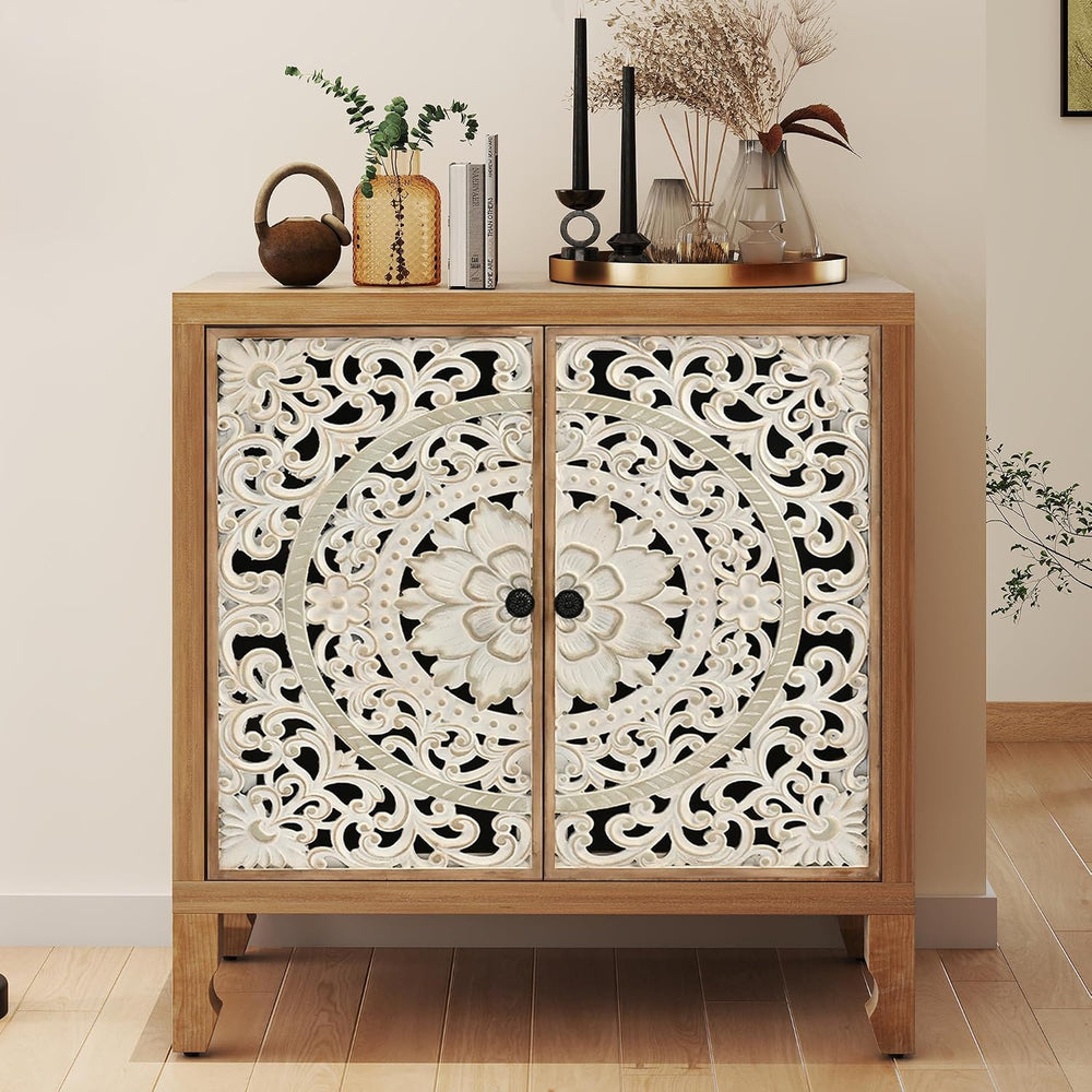 Solid Wood Buffet Cabinet, Accent Cabinet, 2 Carved Doors, White
