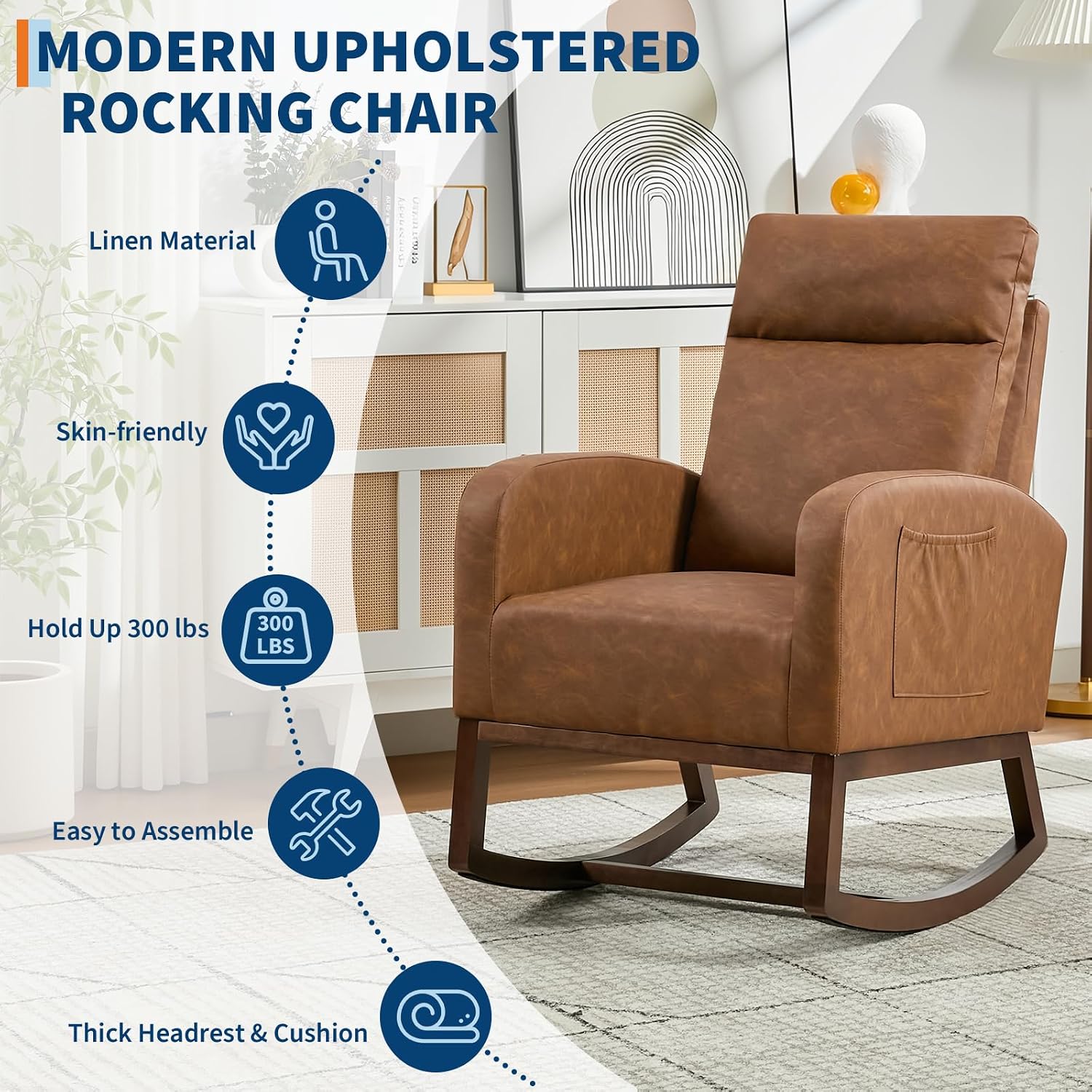 GarveeHome Leather Glider Chair, Modern Rocking Chair, Nursery Faux Leather Glider Chair with Rubber Wood Legs and Side Pocket, Rocking Accent Armchair for Living Room, Bedroom, Brown